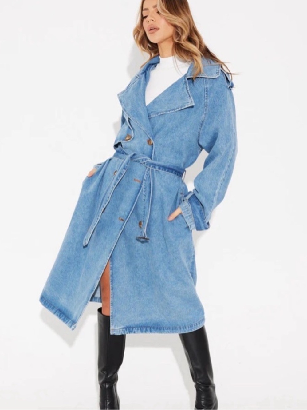 Bronze Snake Cotton Ashley Long Denim Belted Trench Coat Size Medium
